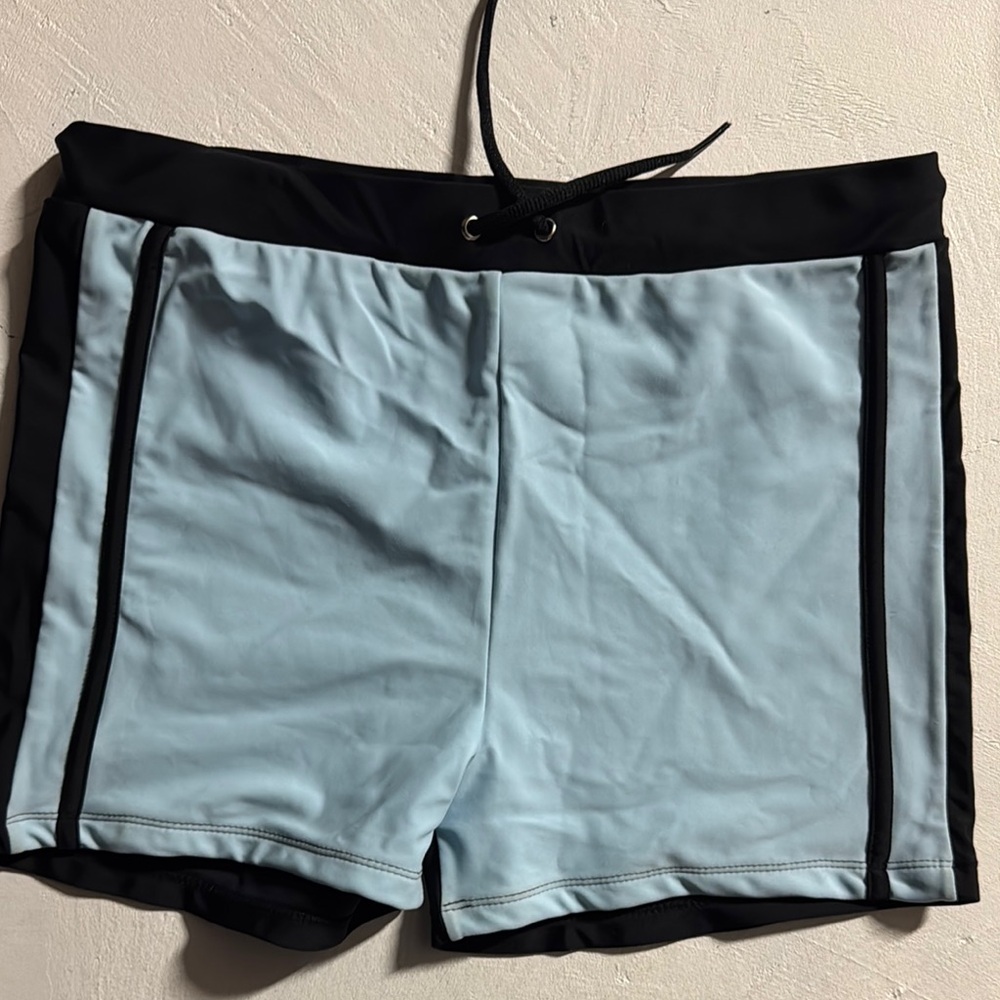 Men's Light Blue and Black Swim Trunks